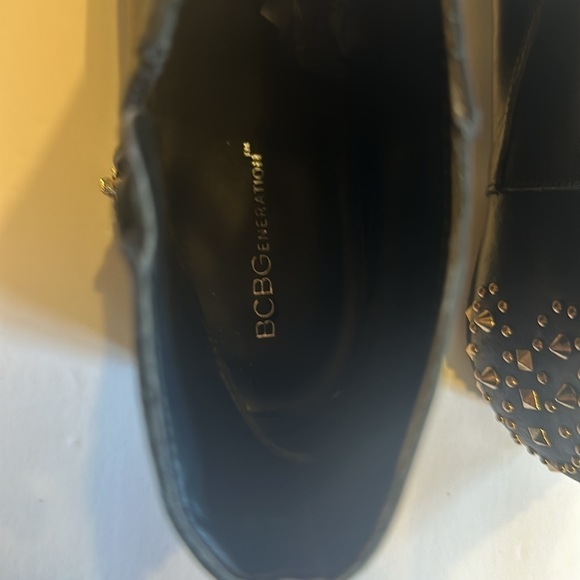 BCBG Logann ankle black booties gold dots & spikey embellishments leather upper - Picture 8 of 9